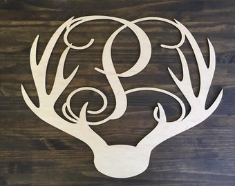 12" Wood Deer Antler Monogram Initial Laser Cutout Shape Unfinished