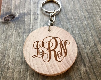 Laser Engraved Thick Wood Keychain Curly Monogram