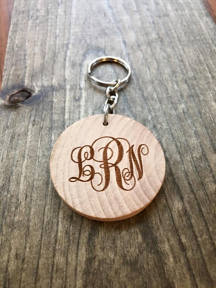 Laser Engraved Thick Wood Keychain Curly Monogram