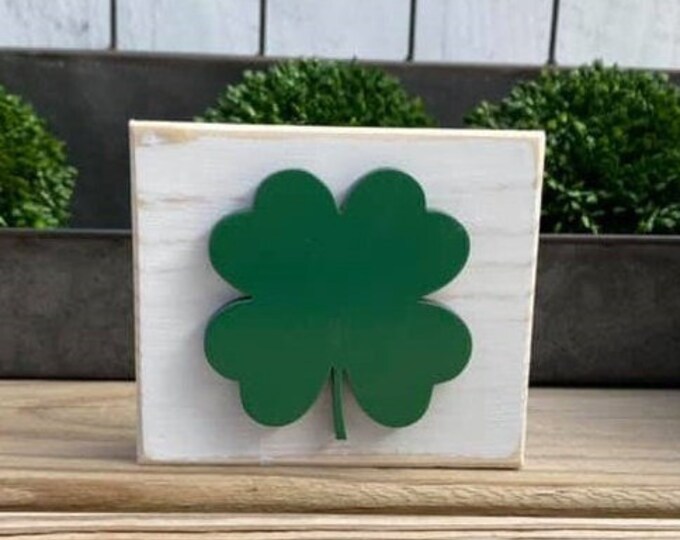 Mini 4x3.5" Green Shamrock 3d White Distressed Simple Shelf Sitter Sign Handmade Tiered Tray Jute 4 leaf clover lucky irish st patricks day