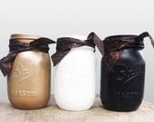 Gold, black and white Mason jar centerpieces - set of three - party Decor - silverware holders - centerpieces
