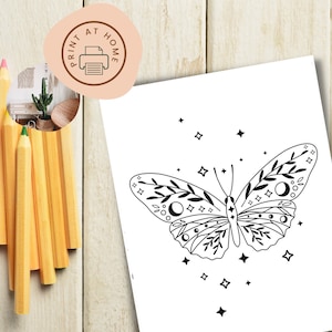 Boho Butterfly & Moth Coloring Sheet, Adult Coloring Book, Celestial Meditation Guide, Dragonfly Fly