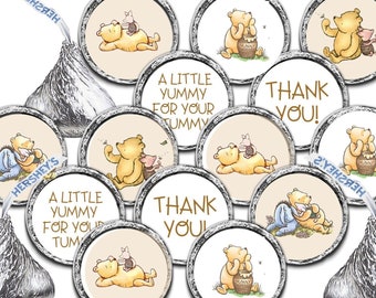 K11, AA Milne, Classic Yellow Pooh Bear Hershey Kiss Labels, Winnie Hershey Kiss Stickers, Baby Shower Favors, A little Yummy for your Tummy