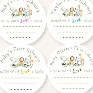 24 Baby&#39;s First Library Stickers, Jungle Safari Baby Shower, Book Theme Baby Shower labels, Labels for Book, Baby Book Labels, N01