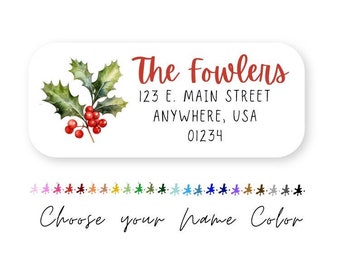 Holly Christmas Address Labels, Watercolor Holly Return Address Sticker, Holly & Berries mailing Label, Christmas Card Mailing Label