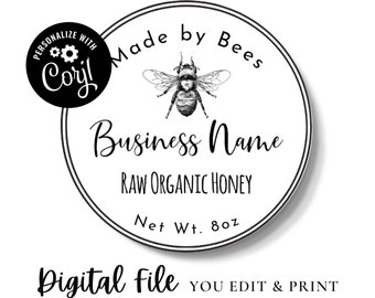 B15, Instant editable PDF, Round Honey labels, Honey Jar Labels, Simple Honey labels for Mason Jars, Lid Stickers, Honey Bee labels, Custom