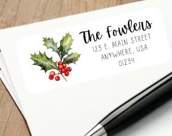 Holly Christmas Address Labels, Watercolor Holly Return Address Sticker, Holly & Berries mailing Label, Christmas Card Mailing Label