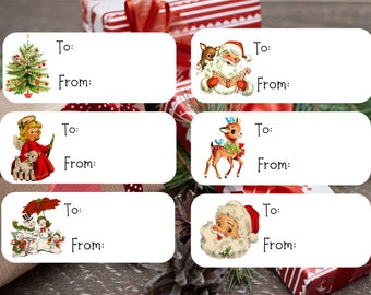 K45, 60 Vintage Christmas Gift Labels, Vintage Christmas Gift Tag Stickers, To and From Christmas Labels, Vintage Christmas Labels