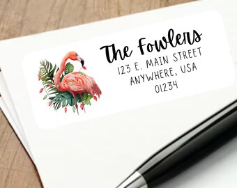 Étiquettes d'adresse de Noël flamant rose, autocollant d'adresse flamant rose aquarelle, étiquette postale flamant rose, étiquette postale de carte de Noël