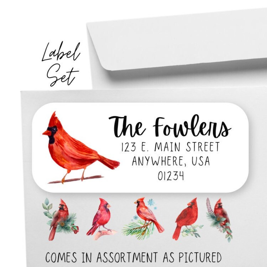 60 Cardinal Address Labels, Watercolor Cardinal Address Stickers
