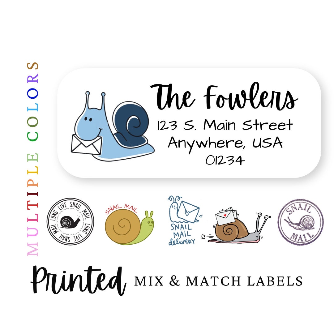 60 Address Labels, Snail Mail Return Address Stickers, Snail Mail