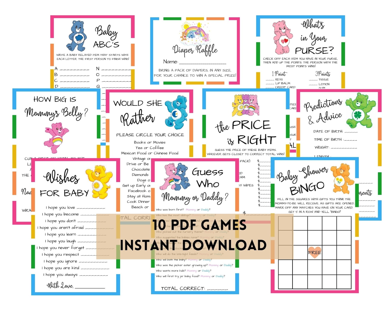A67 PDF Care Bear Baby Shower Game Cards Baby Shower Care Etsy