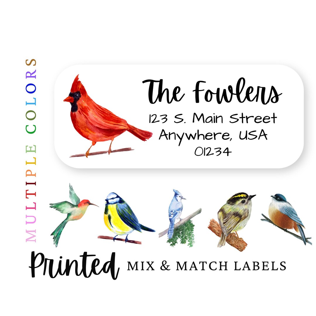 60 Bird Address Labels, Watercolor Bird Return Address Stickers, Cardinal Labels, Bird Mailing