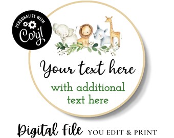 B58 Instant Editable Jungle Safari Baby Shower Favor Tag, PDF Jungle Stickers, Personalized Gift Tags, Thank You Sticker Label, PDF File