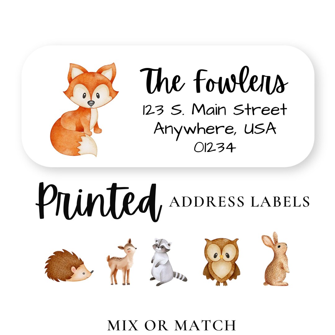 60 Woodland Address Labels, Woodland Animal Return Address Stickers