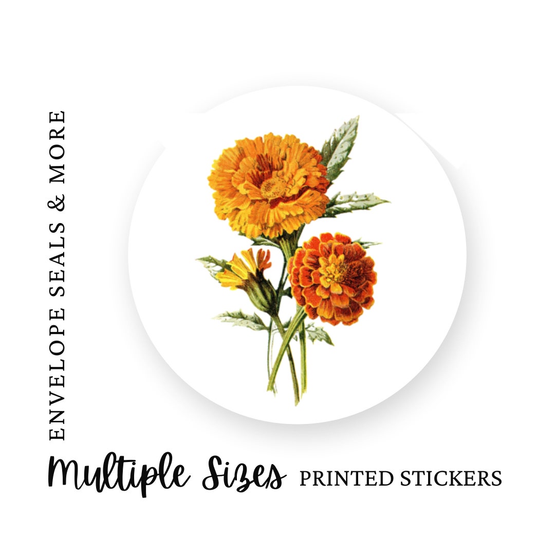 K66, Vintage Calendula Envelope Seal Stickers, Botanical Envelope Seal, Marigold Sticker Label