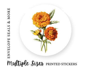 K66, Vintage Calendula Envelope Seal Stickers, Botanical Envelope Seal, Marigold Sticker Label for Favor, Floral Invitation Envelope Seal