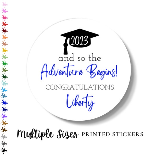 Class of 2023 Graduation Stickers, Adventure Begins Stickers, Personalized Custom Graduation Colors, travel graduate, Graduation Favor