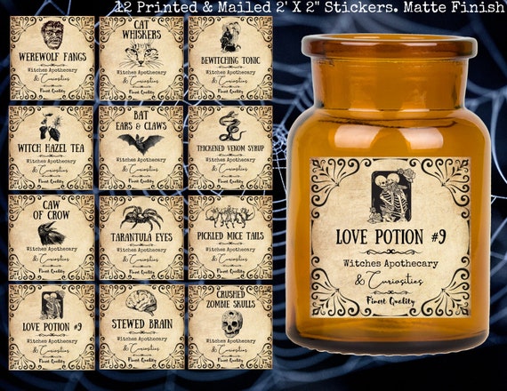 M09, 12 Vintage Apothecary Bottle Stickers, Witch Halloween Bottle Labels,  Poison Apothecary Stickers, Potion Labels for Bottles 