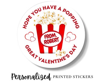 Valentine's Day Stickers, Popcorn Valentine Stickers for Goodie Bags, Popcorn Favor Stickers for Valentine's Day, Popcorn Goodie Bags