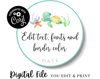 A51, Instant Editable, Under the Sea Baby Shower Favor Tag, PDF Turtle Stickers, Personalized Gift Tags, Thank You Label, Digital Template