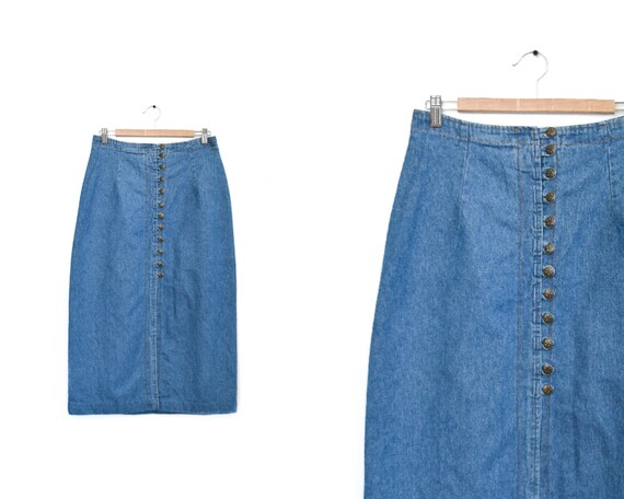 button front denim midi skirt | 30