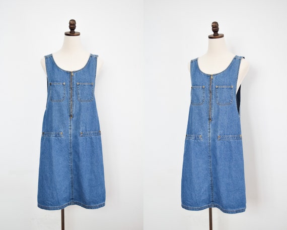 zip front denim jumper dress | large