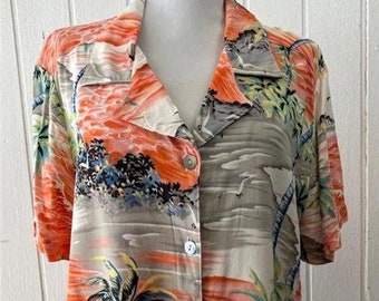 Vtg 80's Hawaiian Shirt sz XL Orange Tropical Scene Button Front Tiki Womens
