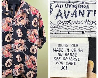 Vtg 90's AVANTI Silk Hawaiian Shirt Black sz XL Guitars and Hibiscus Flowers