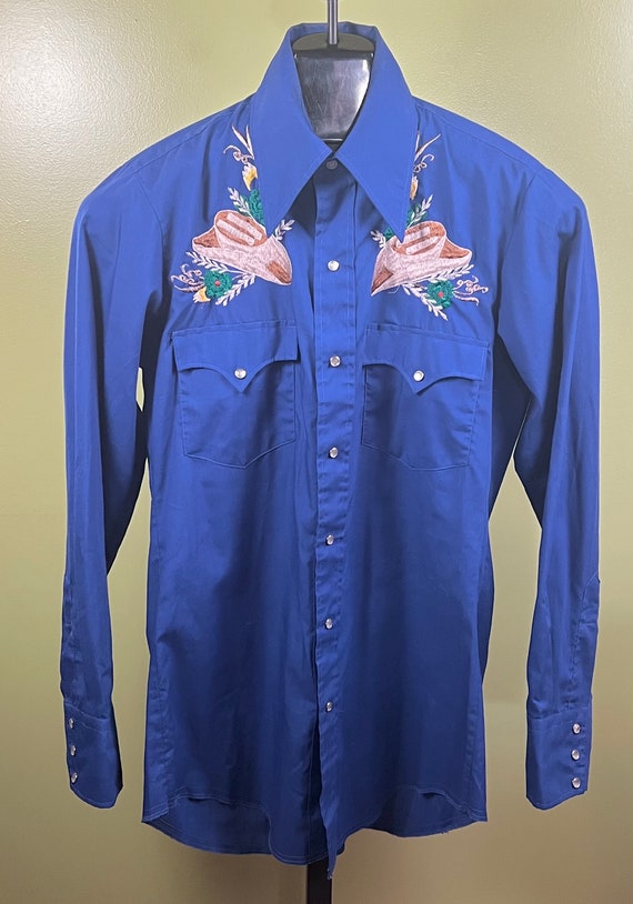 Vtg 70's Western Shirt by Cow Hand sz Sm Blue Emb… - image 2