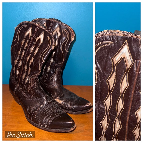 Vtg 50's Inlaid ACME Cowboy Boots 7.5 D Brown W/ White Inlay Men