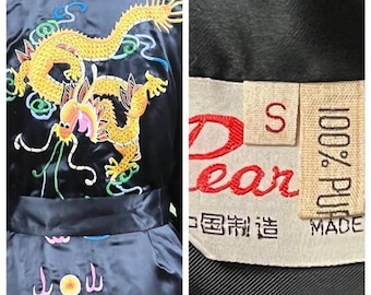 Vtg 70's Blk Silk Embroidered Kimono Robe by PEARLS Dragon Souvenir China sz S