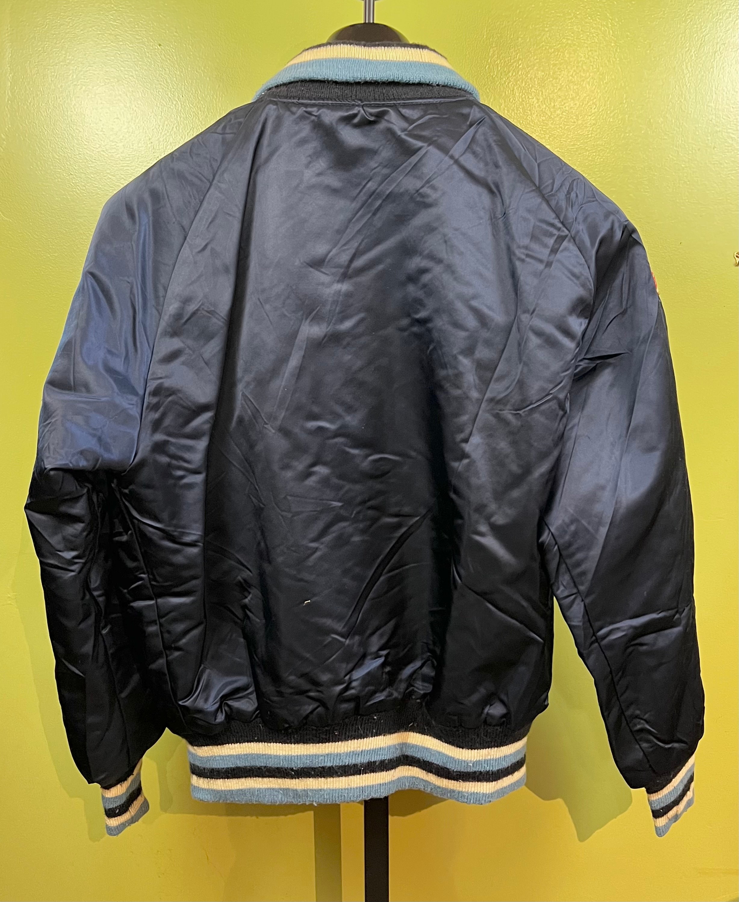Vtg 80's Satin Jacket by Hatchers Mfg Inc Sz L Navy Hockey