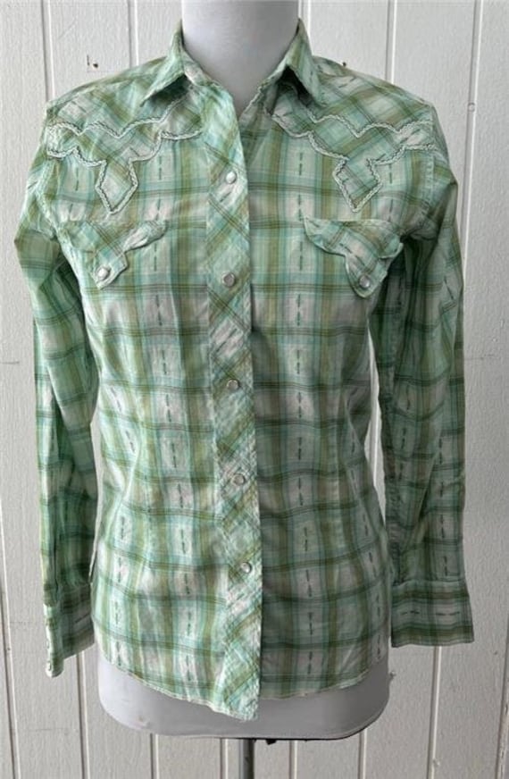 Vtg 60’s Tem-Tex Western Womens Shirt sz Small Gre