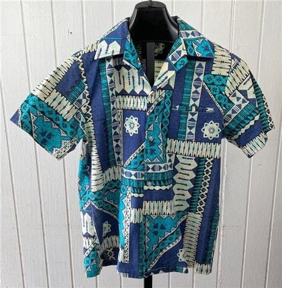 Vtg 70's Hawaiian Shirt sz Medium Blue Tropical B… - image 1