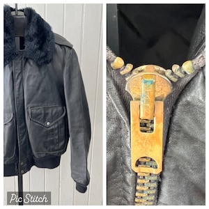 Vtg 1960&#39;s Unbranded Leather Bomber Jacket sz 44R Black TALON Pull Fur Collar
