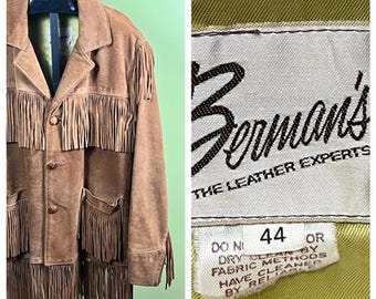 Chaqueta vintage de ante color canela con flecos de los años 60, talla XL, de Berman's.