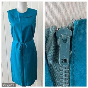 Vintage 1960s Blue Taffeta Fitted Dress w/ Belt sz Small ROBIN Zipper
