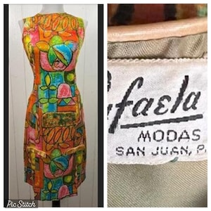 Vintage 1960s Floral Watercolor Art Fitted Dress sz XS by Rafaela Modas
