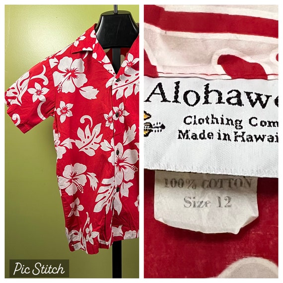 Vintage 1970's Kids Alohawears Shirt sz 12 Red Fl… - image 1