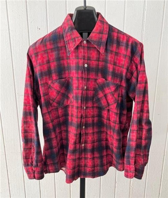 60's Shirt sz XL Red & Black Plaid Rockabilly Vtg 