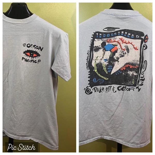 Camiseta gráfica vintage OP Ocean Pacific de los años 80, talla XL, surf azul claro