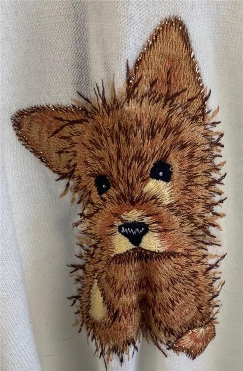 Vintage 60/'s V-Neck Sweater sz Large Cream Embroidered Scottie Dog Liteweight