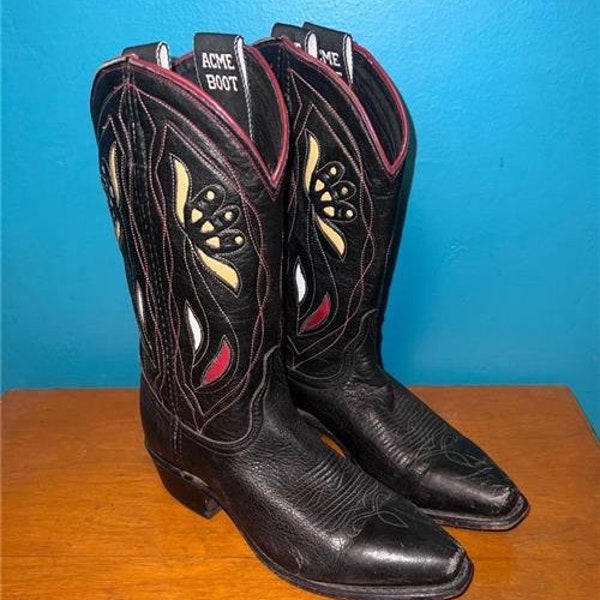 Vtg 70's ACME Womens Cowboy Boots sz 6 D Black w/ Red & White Inlay Leather