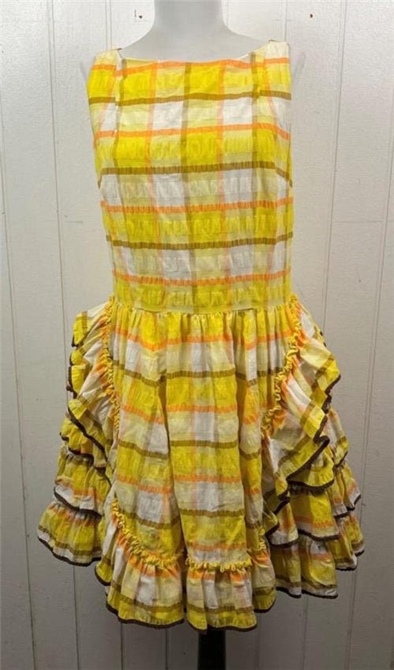 Vtg 50's Swing Dress sz Medium Yellow Ruffled Pla… - image 1