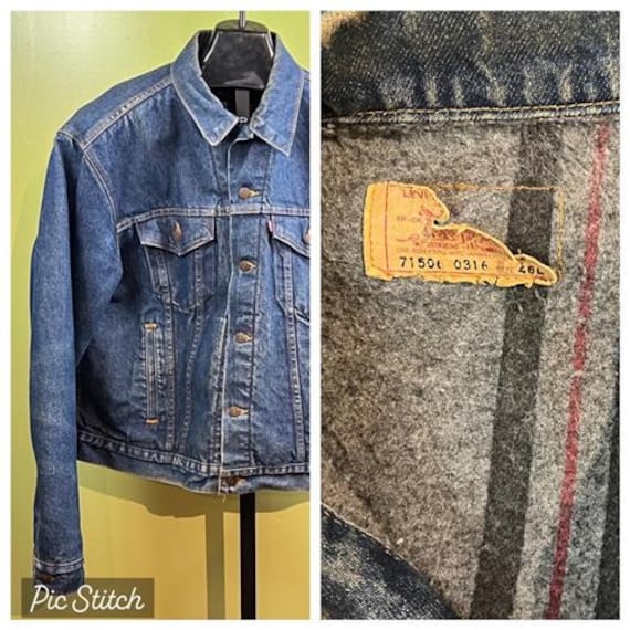 Vintage Levis 1980's Jacket Blanket Lined size 46 Large Blue Denim Gray Wool