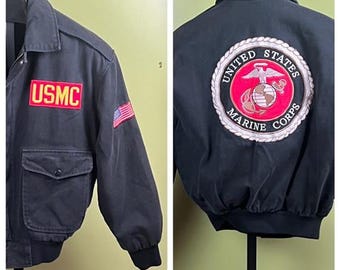 Vtg Leather Gallery Cotton USMC Black Bomber Jacket sz Small Embroidered