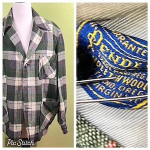 Vtg Pendleton Jacket sz Medium Women's 1940's Green Cream & Grey Plaid Wool