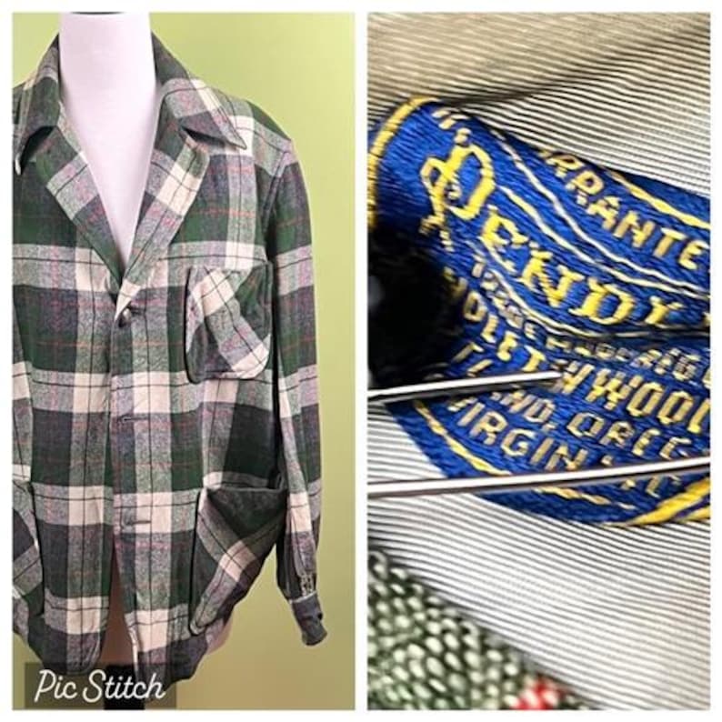 K&ouml;nnte beinhalten: Gr&uuml;n, wei&szlig; und grau karierte Wolljacke mit zwei Vordertaschen und Knopfverschluss. Die Jacke hat einen klassischen Kragen und Manschetten. Eine Nahaufnahme zeigt ein blaues und gelbes Etikett mit Text.