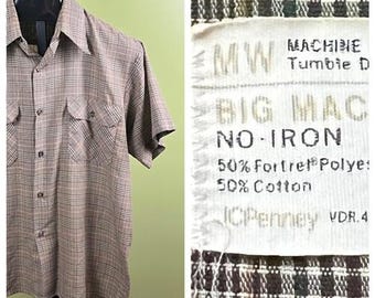 Vintage 70's Big Mac Plaid Shirt sz Large Tan Black Brown S/S